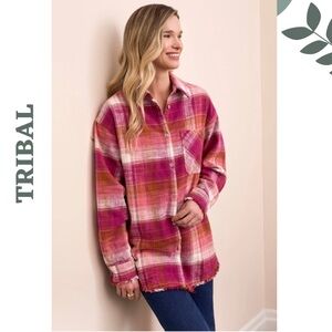 Tribal Jeans Plaid Frayed Hem Shirt Jacket XS NWT